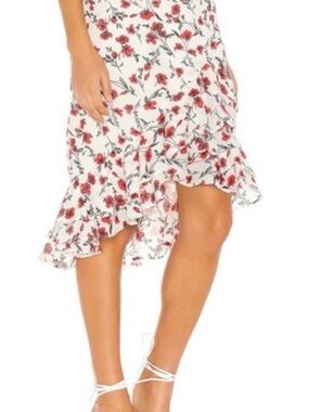 Tularosa Revolve White Floral High-Low Ruffle Skirt with Red Blossoms
